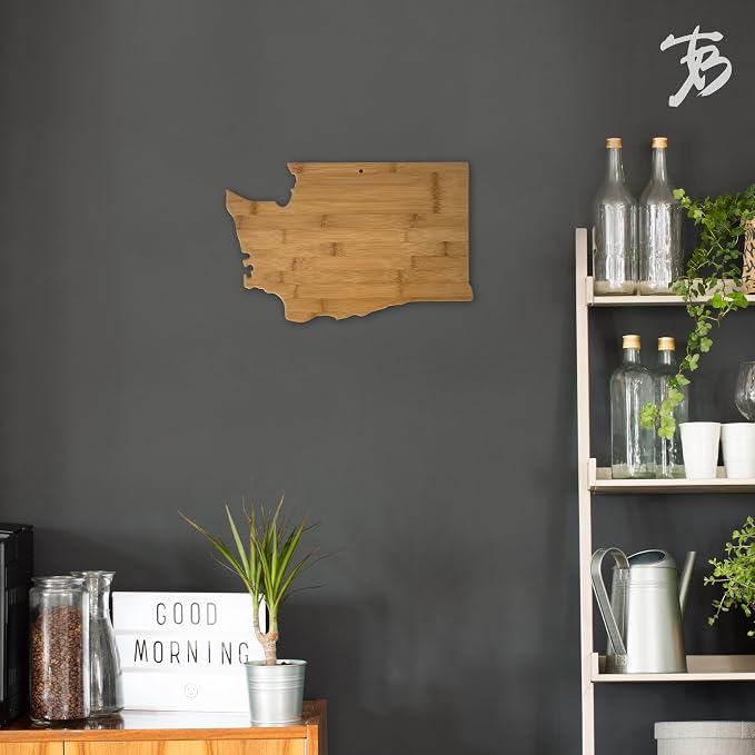 Totally Bamboo Washington State Shaped Bamboo Serving and Cutting Board | State charcuterie board with natural bamboo grain. Knife-friendly surface for food prep. Hang tie for wall display.