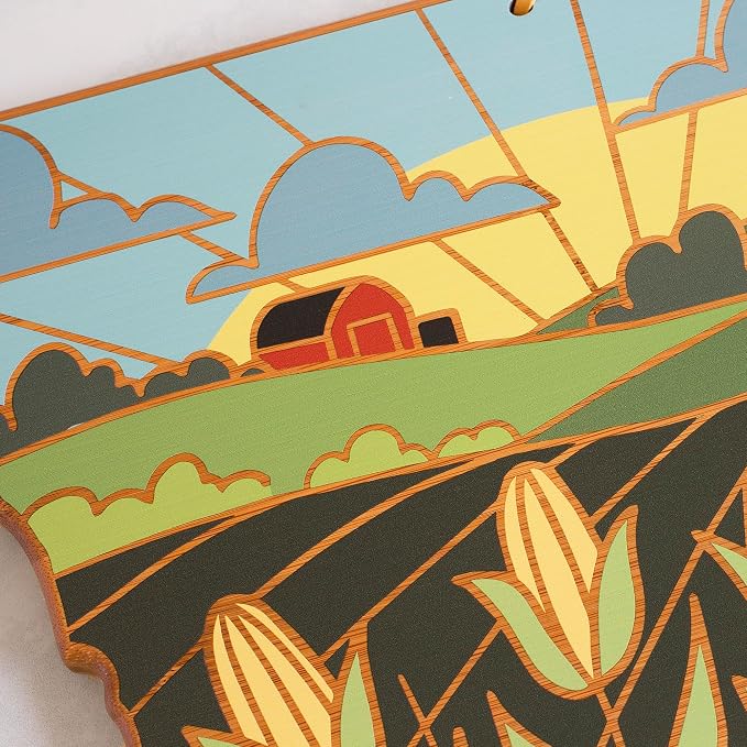 Totally Bamboo Iowa State Shaped Cutting Board, Summer Stokes Art | State charcuterie board with colorful hand-drawn landscape art. Smooth reverse side for food prep. Hang tie for wall display.