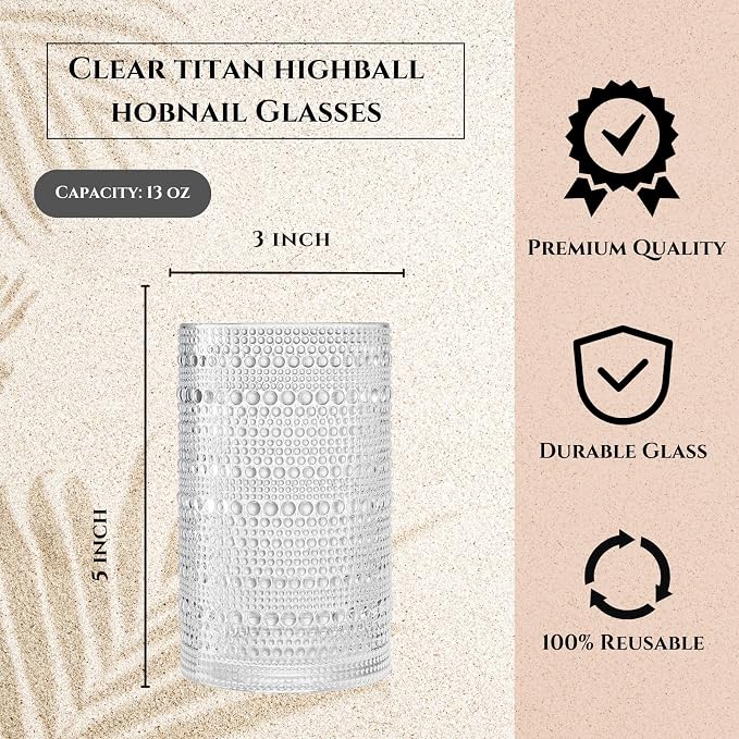 Khen Plastic Hobnail Drinking Highball Glasses Set of 6 Clear Color Cups 14oz, Shatterproof & Unbreakable Acrylic Beaded Design, BPA-Free, Dishwasher Safe Indoor/Outdoor Drinkware for Water, Cocktails