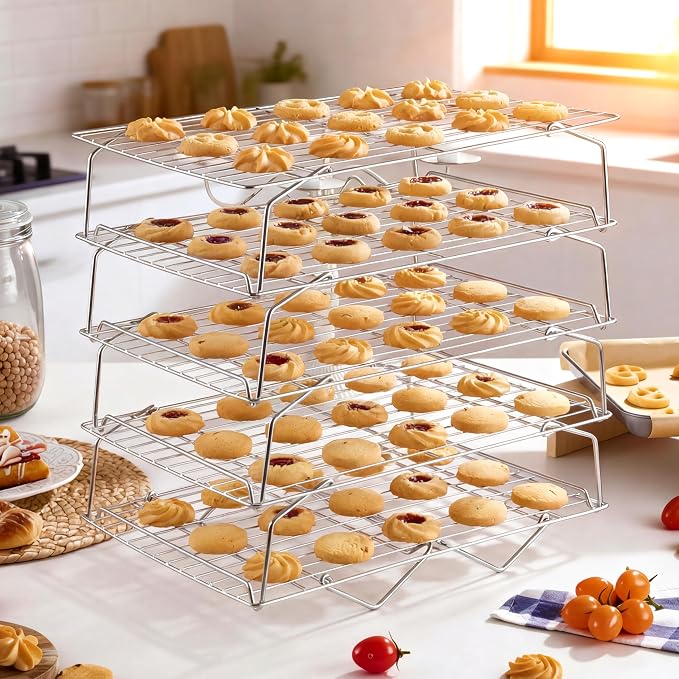 LIANYU Cooling Rack 15"x10", 5-Tier Stackable & Collapsible Cooling Racks | Stainless Steel Wire Baking Racks Fits Jelly Roll Pan, Great for Cooking, Baking, Roasting, Grilling, Oven & Dishwasher Safe