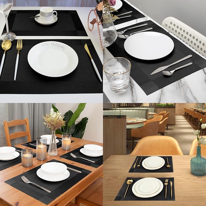 Table Placemats Dining Table Place Mats Set of 6 Heat Resistant Insulation Non-Slip Vinyl for Kitchen Dining Room 18" * 12" Black