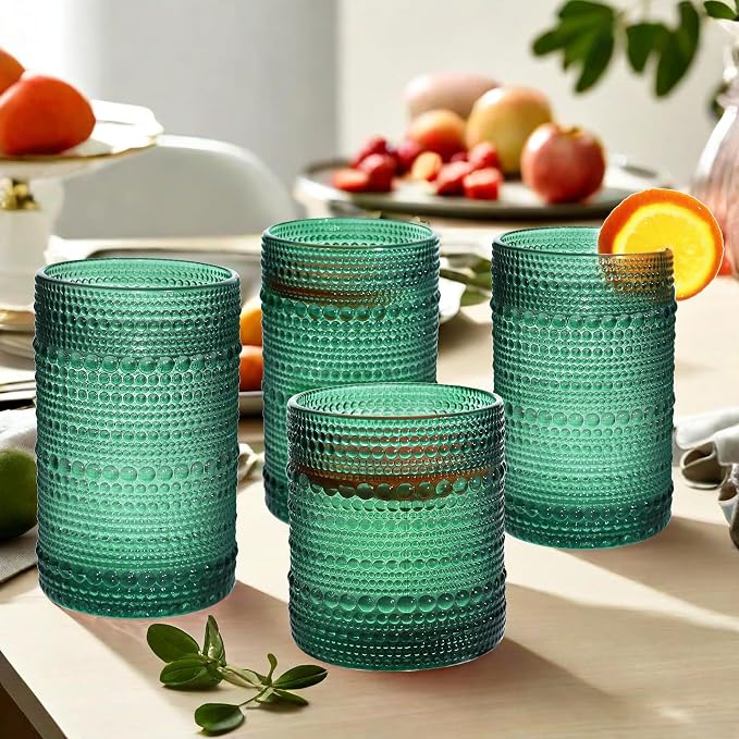 Vintage Hobnail Driinking Glasses Set, Glassware Drinking Set of 8, 12 oz Highball Glasses & 10 oz Cocktail Glasses, Tumbler Glasses for Cocktails, Whiskey, Juice, Milk, Blackish Green