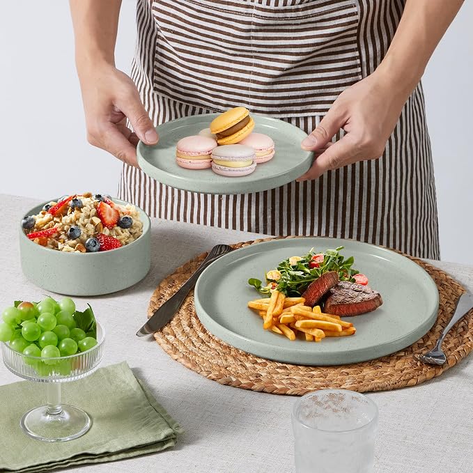 E-far Stoneware Dinnerware Sets, 12-Piece Plates and Bowls Set for 4, Green | Kitchen Modern Dishes Dining Ware, Chip and Scratch Resistant, Microwave & Dishwasher Safe, Speckled Green