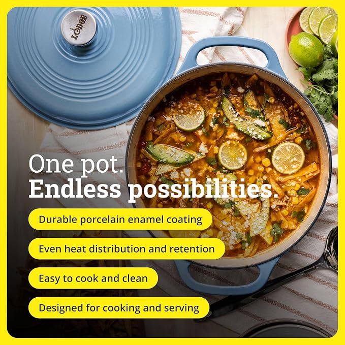 Lodge Essential Enamel Cast Iron Dutch Oven 6 Quarts - Perfect for Bread Baking, Braising, Marinating & Slow Cooking, Features Moisture-Sealing Lid & Dual Handles, Kitchen Essentials, Storm Blue