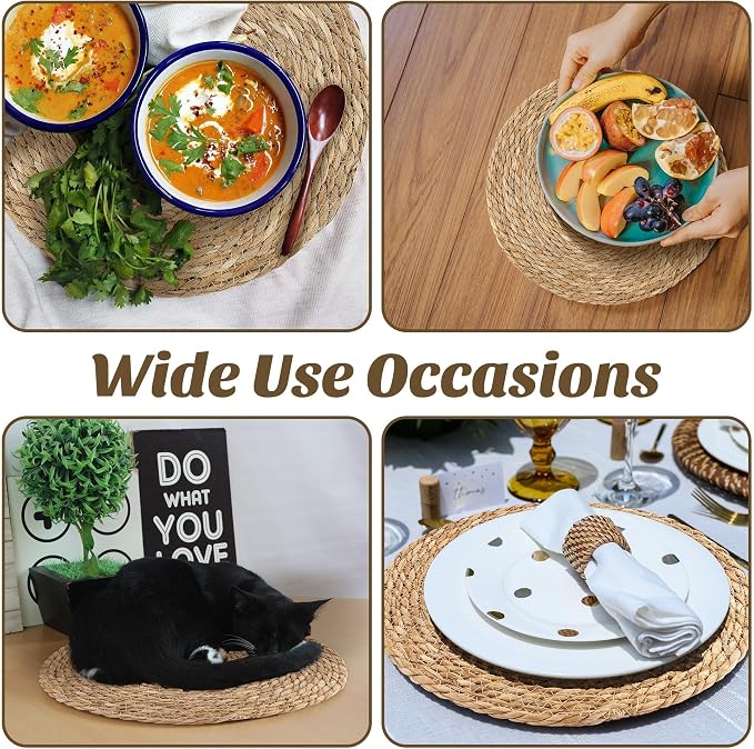 Kochorie Set of 12 Round Woven Placemats 15 Inch Bulrush Placemats Natural Handwoven Boho Rattan Wicker Table Mats for Farmhouse & Home Dining