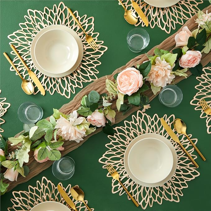 Juvale 20-Pack Gold Vinyl Placemats - Round Leaf Design Table Chargers for Dining Table Settings (14.4 Inches Place Mat)