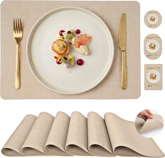 Faux Leather Placemats Set of 6, Wipeable Waterproof Stain Resistant Table Mats, Heat Resistant Thick Placemats with Hand-Painted Edges for Kitchen Dining, Imitative Linen Texture, Various Shapes