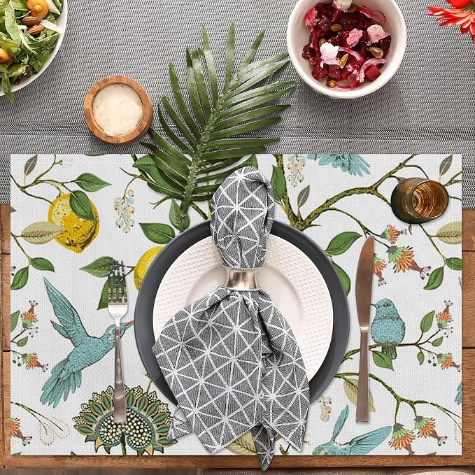 Lemon Tree Blue Bird Flower Placemats Set of 4 Seasonal Washable Linen Cotton Table Mats for Party Kitchen Dining Decoration 12x18 Inch