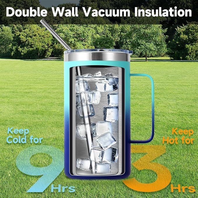 Volhoply 22oz Insulated Stainless Steel Coffee Mug with Leakproof Lid,Double Wall Vacuum Travel Coffee Cup with Handle,Reusable Metal Tumbler,Camping Mugs Keep Hot&Cold(Green Blue,1)