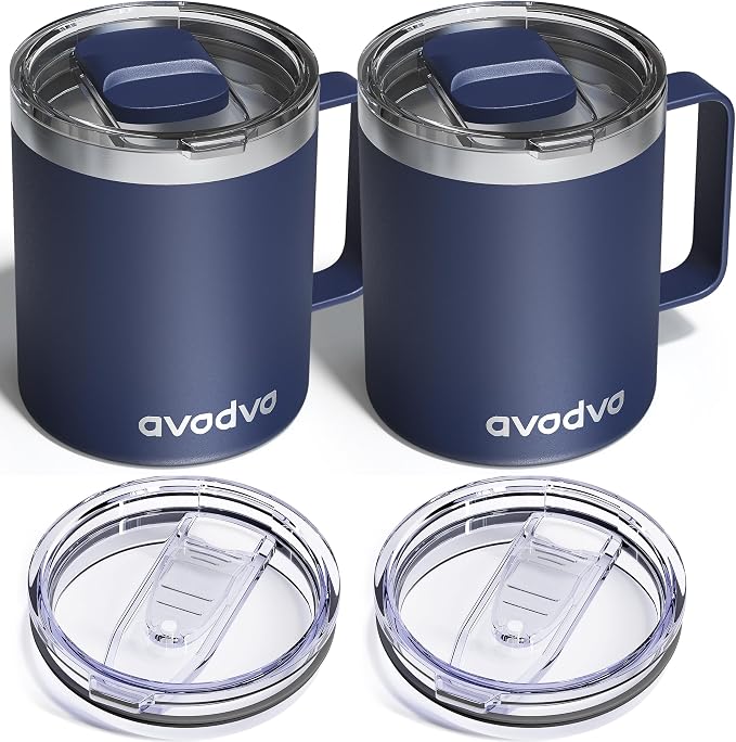 2 Pack 12oz Insulated Coffee Mug with Lids – Double Wall Stainless Steel Travel Cups with Handle, Keep Hot & Cold Drinks, Ideal Gift for Coffee Lovers, Home, Office & Camping, Navy Blue