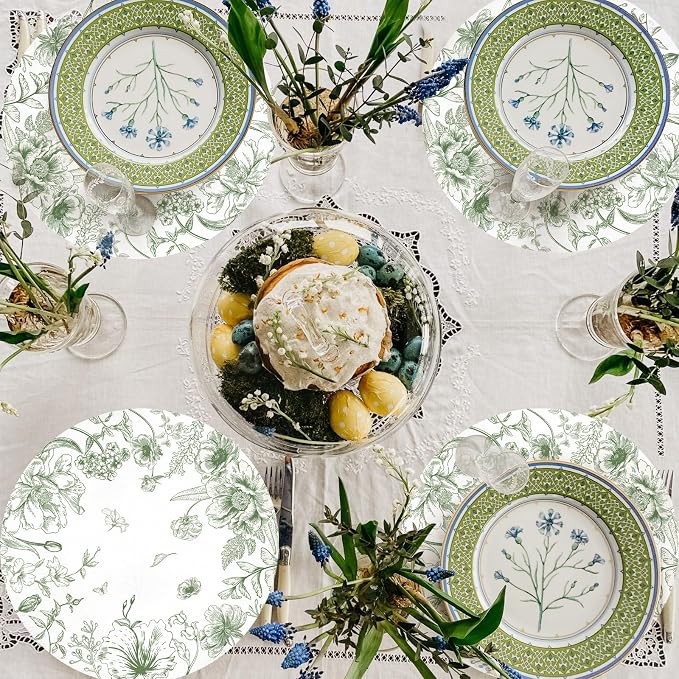 50 Pack Paper Placemats Disposable Green Floral Placemats 13.7 Inch Vintage Sage Green Flower Place Mats Chinoiserie Round Table Mats for Dinner Table Setting Birthday Wedding Party Supplies