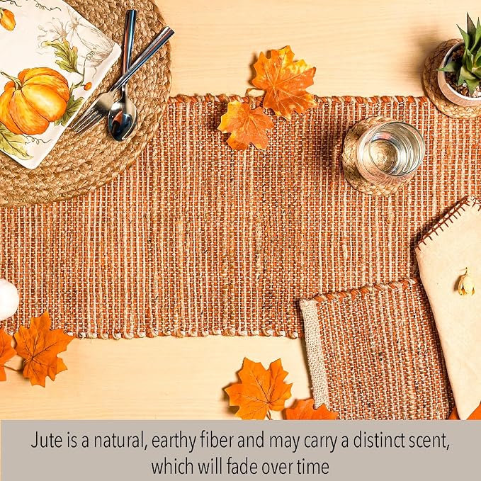 Natural Jute Table Runner 13x72 Inch – Vintage Boho Rustic Table Decor – Handwoven Table Runner in Natural Jute and Rust Orange – Farmhouse Dining or Console Table Accent