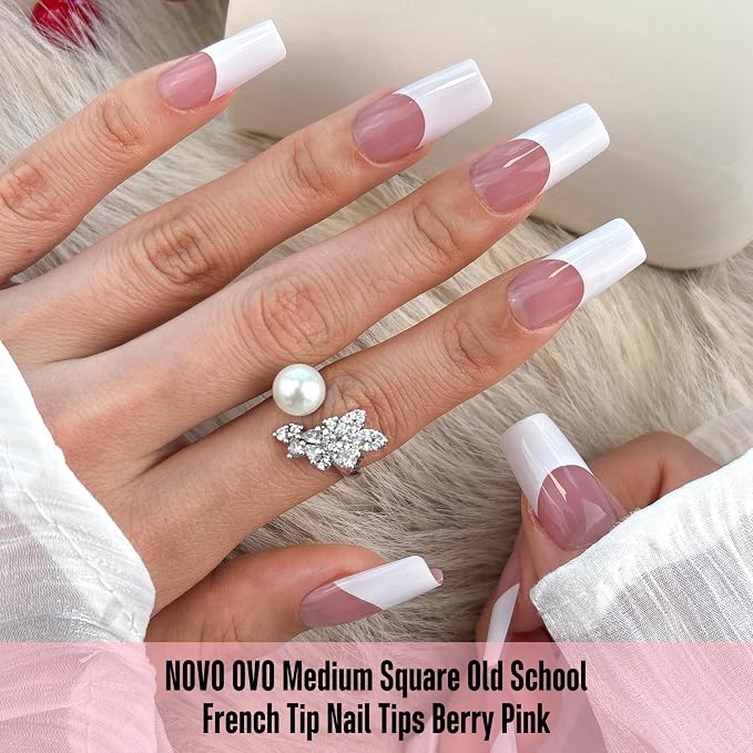 NOVO OVO Old School Retro French Tip Nails Wide White Press on, Medium Length Tapered Square BERRY PINK, Extra Thick Soft Gel Fake Acrylic Extension, Need Builder Gel, Top Coat, Glue 15 Sizes 240 pcs