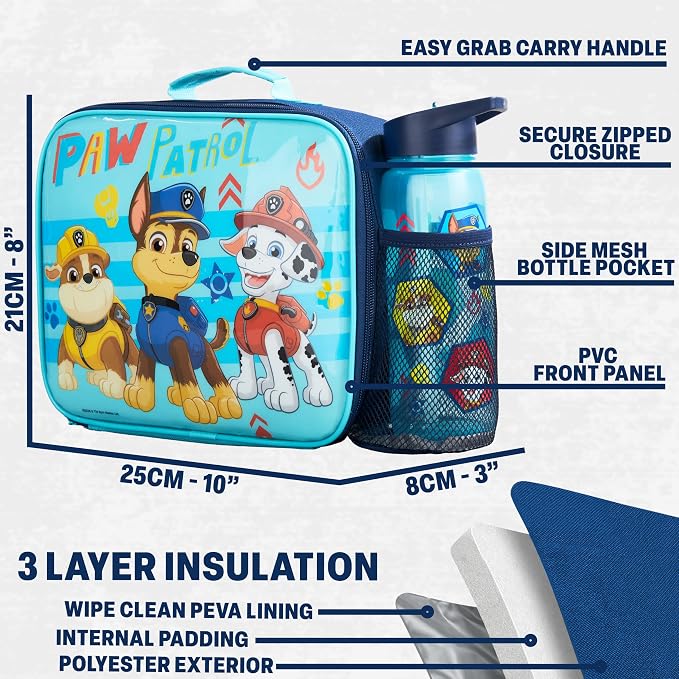 Get Trend Paw Patrol Lunch Bag, Bento Box & Water Bottle, 3 Pc Set | Insulated Lunch Bag, Lightweight Snack Box, 22 fl oz BPA-Free Water Bottle with Straw, School, Picnic, Gifts for Boys