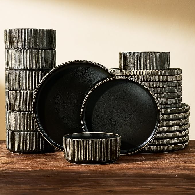 Stoneware Dinnerware Sets, Reactive Glaze Dishes Set for 8 | 24-Piece Handmade Ceramic Plates and Bowls, Microwave & Dishwasher Safe, Chip & Scratch Resistant, Modern Rustic, Black Gold