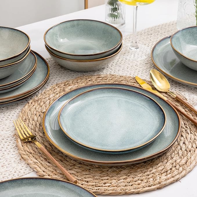 AmorArc Ceramic Dinnerware Sets for 6, 18Pcs Plates and Bowls Sets Dishes | Stoneware Handmade Reactive Glaze Dinner Set, Highly Scratch Resistant | Dishwasher & Microwave Safe Dishware