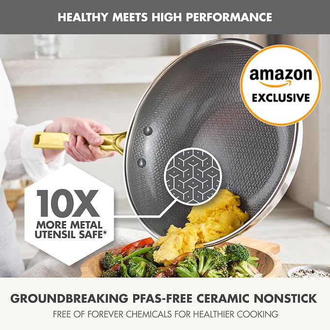 GreenPan Hybrid APEX 11" Tri-Ply Stainless Steel Wok, Ceramic Nonstick Pan | PFAS-Free Thermobond Nonstick Skillet, Induction & All Cooktop Compatible, Dishwasher & Oven Safe up to 850F, Stir Fry, Gold