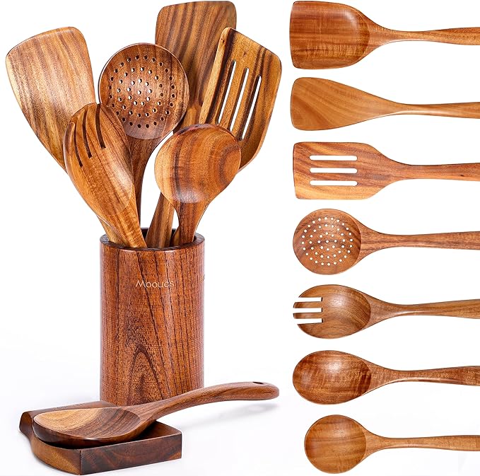 Mooues Wooden Kitchen Utensil Set, 9 Piece Natural Teak with Spoon Rest | Wooden Cooking Utensils with Comfort Grip, Smooth Durable Heat Resistant Cooking Spoons and Utensils Holder for Cooking