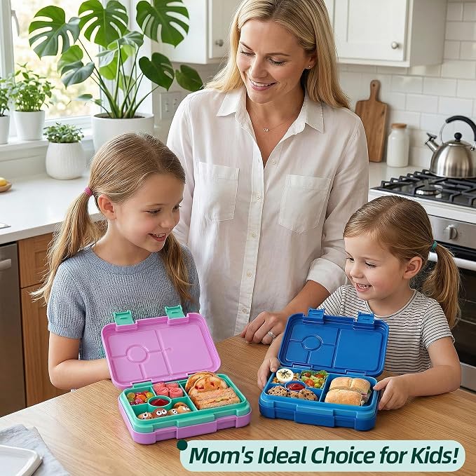 Bento Lunch Box, Snack Bento Lunch Containers Boxes, Pink Patterned | 5/6 Compartments, 3 Cups BPA Free, Dishwasher Safe, for Kids, Back to School, On-the-Go Meal, Ages 3+, School