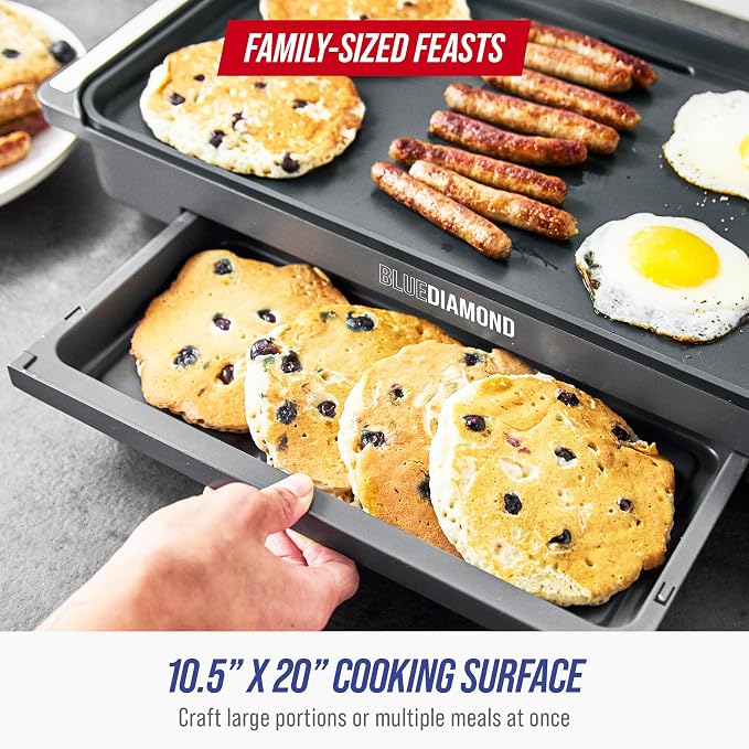 Blue Diamond 20" XL Electric Griddle, Graphite | PFAS-Free Ceramic Nonstick, Flat Top Grill/Griddle, Removable Drip Tray, Warming Drawer, Easy-Clean Design, Pancakes, Burgers
