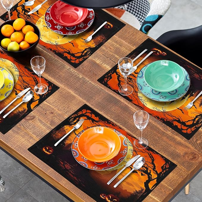 Halloween Witch Placemats Set of 6 18x12 Inch Bat Castle Pumpkin Linen Place Mats Heat-Resistant Washable Wipeable Holiday Table Mat for Party Kitchen Dining Room Dinner Table Decor