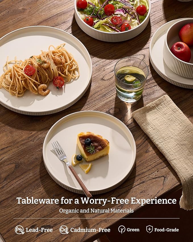 Famiware Ceramic Plates and Bowls Set, Dinnerware Sets, Ribbed Dishes for 4 | 12-Piece Stoneware Dishware, Lipped Edges, Chip & Scratch Resistant, Microwave & Dishwasher Safe, Everyday Use, Oat White