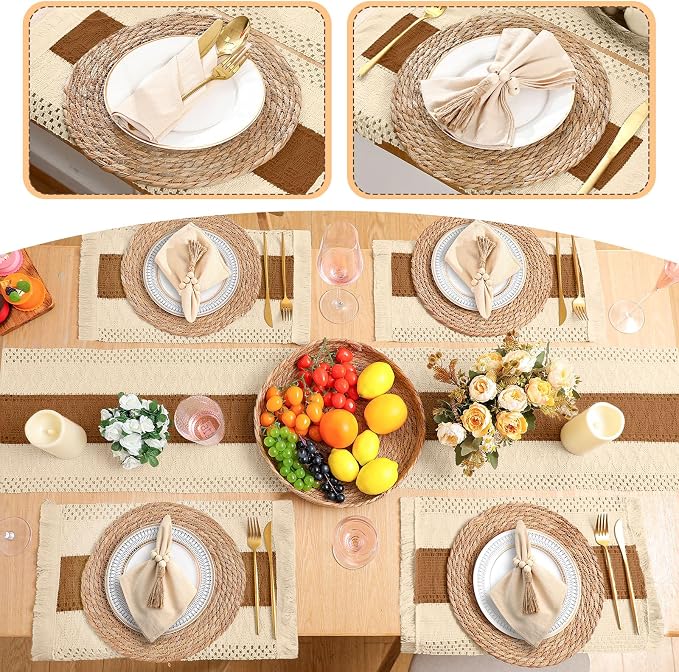 4 Sets Boho Decoration Placemats Round Woven Placemats, Cloth Napkins, Wood Bead Napkin Rings, Long Table Runner and Farmhouse Burlap Cotton for Table Kitchen (Caramel,12x72)