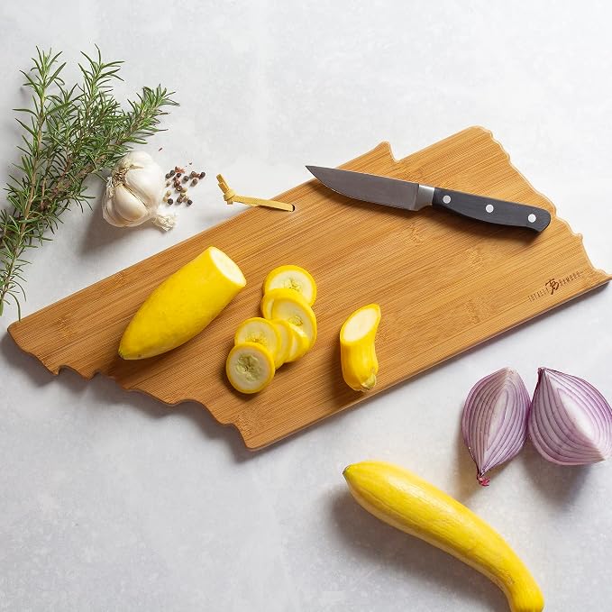 Totally Bamboo Tennessee State Shaped Cutting Board, Art by Fish Kiss | State charcuterie board with colorful hand-drawn map artwork. Smooth reverse side for food prep. Hang tie for wall display.