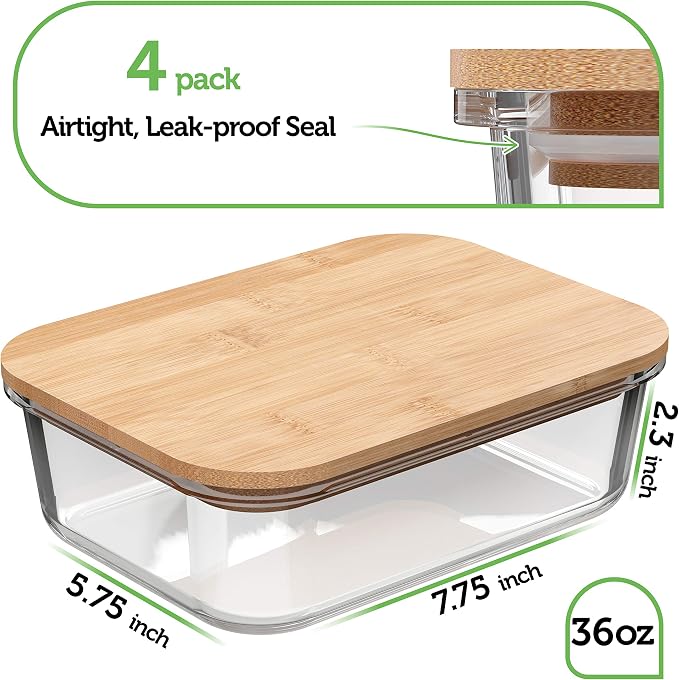Verel Glass Food Storage Containers with Bamboo Lids (4 Pack, 36 Ounce) Eco Friendly Meal Prep Containers Airtight – Plastic Free, BPA Free