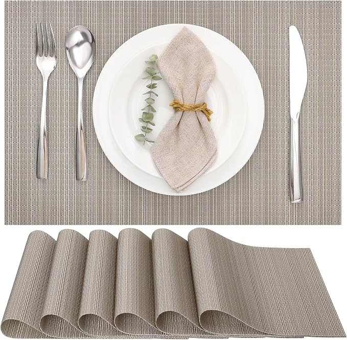 Myir JUN Placemats Set of 6 Kitchen and Dining Table Placemats | Vinyl Placemats Place Mats Indoor/Outdoor Set of 6 Washable Table Mats Non-Slip Place mats for Dining Table, Golden Silver