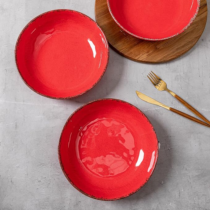 LEHAHA Vintage Melamine Pasta Bowls, Set of 6, 9.25 inch Large Salad Bowls, Unbreakable 100% Melamine Serving Bowls Set for Dinner, 42 oz Wide and Shallow Bowls Set, Dishwasher Safe, Red…