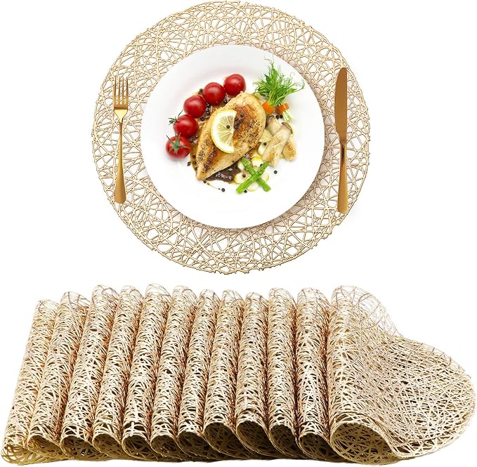 Sieral 24 Packs Round Placemats 15 Inch Hollow Out Pressed Vinyl,Gold | Heat Resistant Woven Texture, Easy Clean for Christmas Dinner Party, Wedding Holiday Centerpiece Dining Table Decor