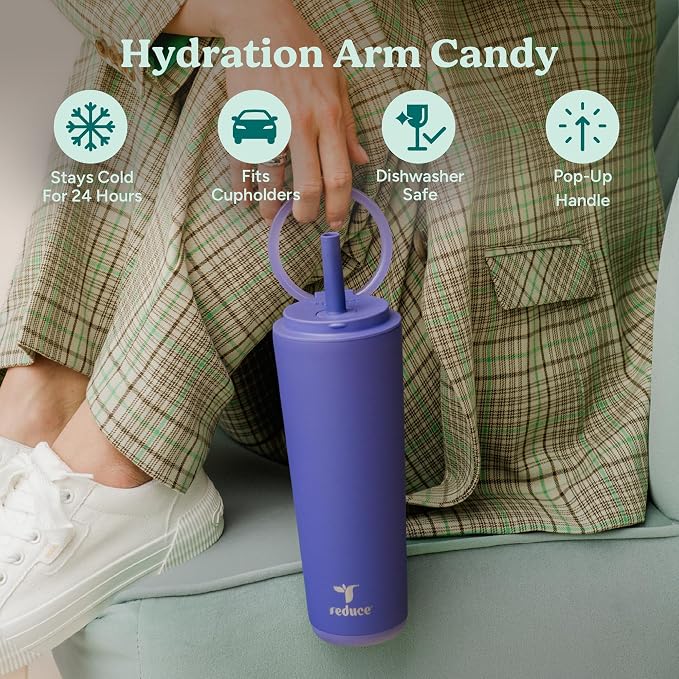 REDUCE Halo 24 oz Stainless Steel Vacuum Insulated Tumbler - Spill Proof Travel Mug with Flip Handle Lid - Keeps Drinks Cold for 32 Hrs - Dishwasher Safe - Cupholder Friendly - Phantom