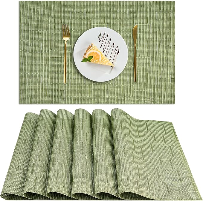 AUAUY Placemats Set of 6, Non-Slip Heat Resistant Table Mats, Green | 6pcs PVC Vinyl Woven Table Placemats Washable for Kitchen Dinning Restaurant, Farmhouse