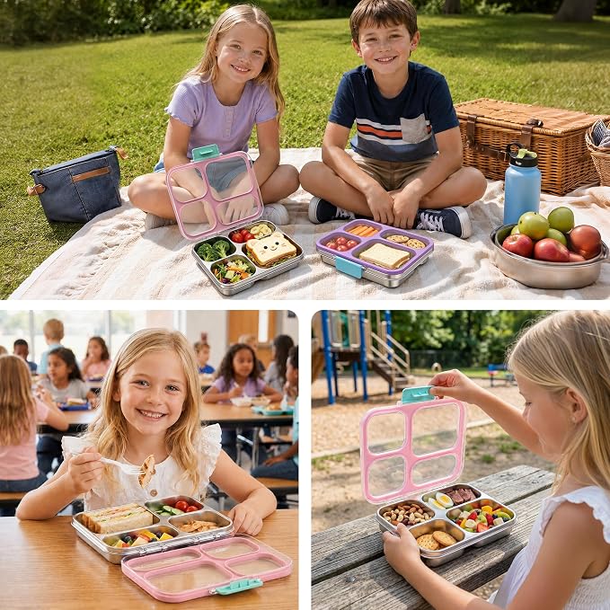 Stainless Steel Lunch Box for Kids, Leakproof 4 Compartment Kids Bento Lunch Box with Clear Lid, BPA-Free Steel Lunch Box Containers for School Travel (Pink)