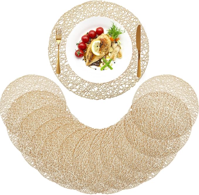 Sieral 12 Packs Round Placemats 15 Inch Hollow Out Pressed Vinyl,Gold | Heat Resistant Woven Texture, Easy Clean for Christmas Dinner Party, Wedding Holiday Centerpiece Dining Table Decor