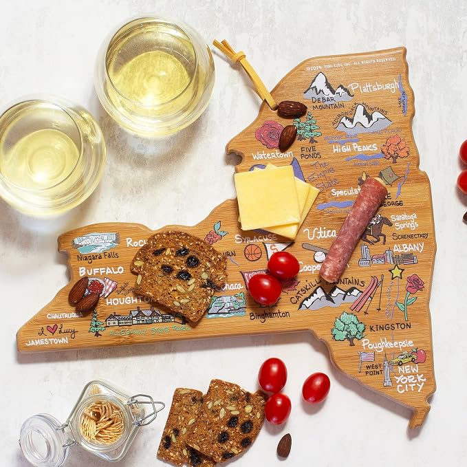 Totally Bamboo New York State Shaped Cutting Board, Art by Fish Kiss | State charcuterie board with colorful hand-drawn map artwork. Smooth reverse side for food prep. Hang tie for wall display.