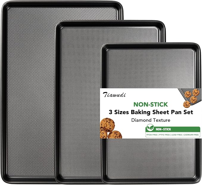 Tiawudi Baking Sheet Pan Set, 0.8mm Thick Heavy Duty Cookie Sheet with Diamond Texture Pattern, Nonstick Baking Tray for Oven, Carbon Steel Half, Jerry Roll Pan, Set of 3