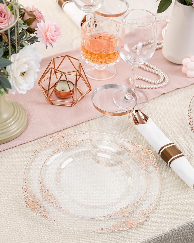 Nervure 175Pcs Rose Gold Plates, Disposable Party Plates for 25 Guests | 25 7.5" Dessert & 25 10.25" Dinner Plastic Plates, 75 Gold Silverware, 25 9oz Cups, 25 Napkin for Wedding & Party, Heavy-duty