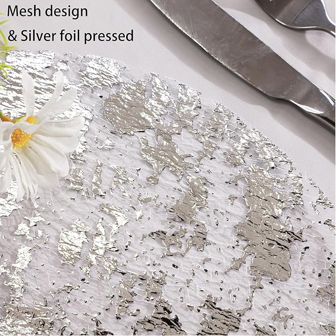 Snowkingdom Silver Disposable Placemats Set of 12 Foil Mesh 13 Inch Round Pressed Table Mates 12 Pack Silver Doilies for Dining Table Wedding Birthday Party Holiday Home Decoration