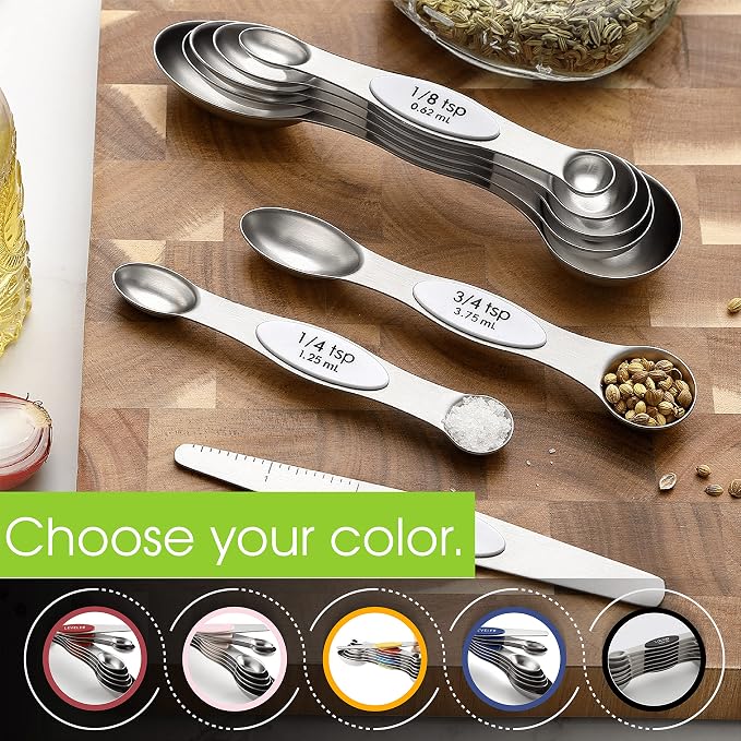Spring Chef Stainless Steel 8 Magnetic Measuring Spoons for Kitchen, White | Dual Sided Metal Teaspoon & Tablespoon Measuring Spoons w/ Leveler for Dry & Liquid Ingredients, Nesting, Fits in Spice Jars
