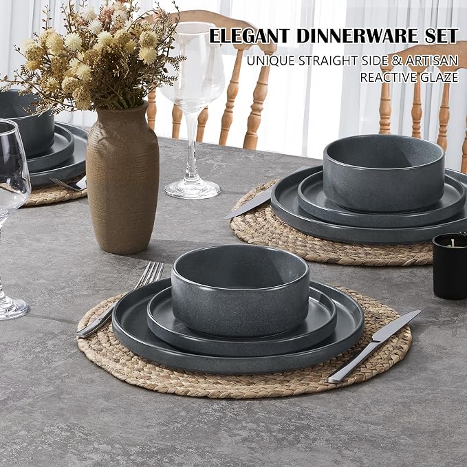 E-far Dinnerware Sets for 4, 12-Piece Reactive Glaze Plates and Bowls Sets | Plates and Bowls Sets, Kitchen Ceramic Dishes Dining Ware, Chip and Scratch Resistant, Microwave & Dishwasher Safe