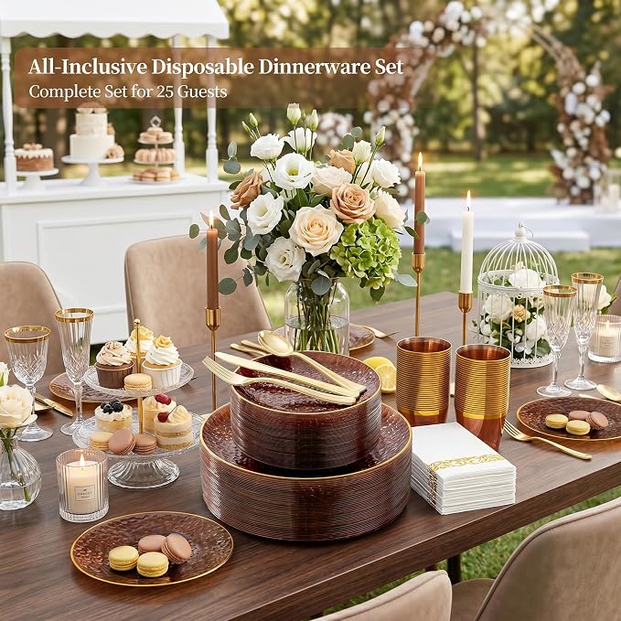 DaYammi 175PCS Clear Amber Plastic Dinnerware Set, Plastic Plates Disposable Hammered Disposable Plates for Party, Include: 25 Dinner Plates 25 Dessert Plates 75 Gold Silverware 25 Napkins 25 Cups