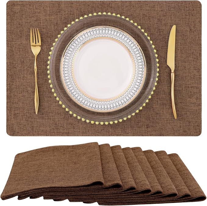 Faux Cotton Linen Placemats Set of 8, Cloth Washable Farmhouse Dining Table Mats for Indoors & Outdoors, Easy to Clean, Brown, 13 x 19 Inch