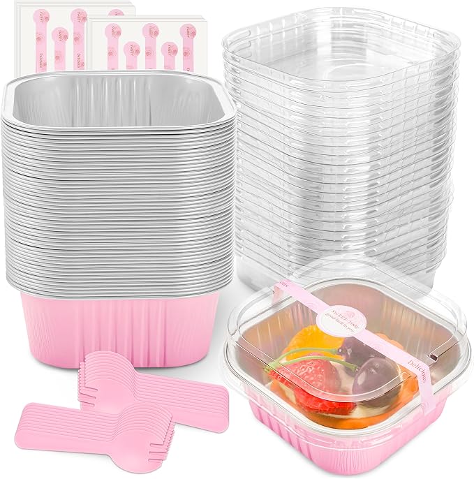 NPLUX Square Cake Pans with Lids, 50 Pack Pink 10oz for Birthday Treats | Works for crumble cups, panna cotta, custard and snack servings; label area supports flavor organization.