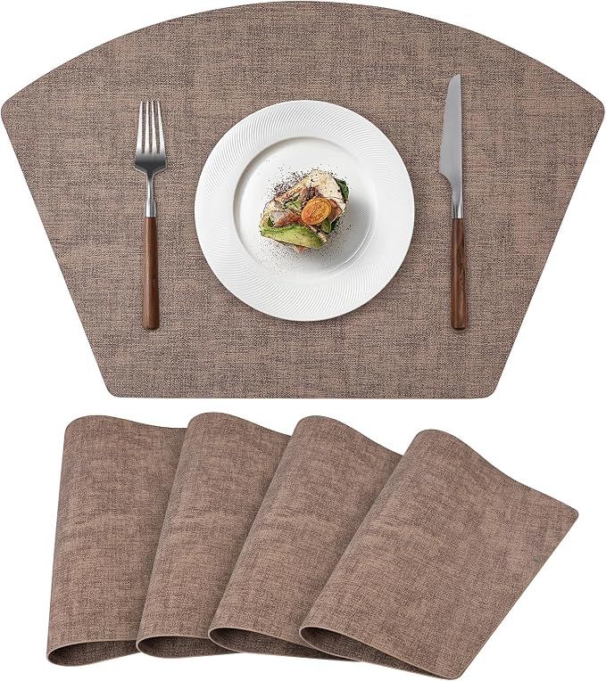 Round Table Placemats Set of 4, Faux Leather Wedge Shape Place Mats Heat Resistant Wipeable Washable Table Mats for Dining Outdoor Indoor, Brown