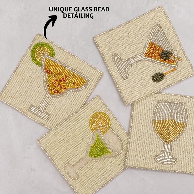 Folkulture Coasters Set of 4 for Drink, Coffee Bar Accessories, Table Décor | Cute, Beaded, Hand Crafted, Cocktail, Boho Coaster for Home, Party Decorations, Outdoor, Patio, House Warming Gifts New Home