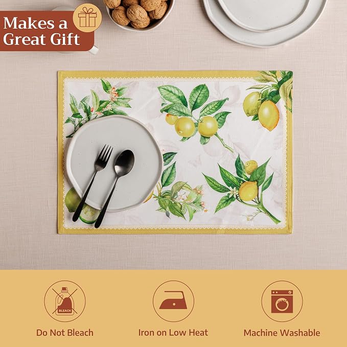 Maison d' Hermine Placemats Set of 4 Reusable 100% Cotton (13"x19") | Cloth Place Mats Washable Table Mats for Kitchen Dining Party Wedding Hotel Home Restaurant Spring Summer - Limoncello