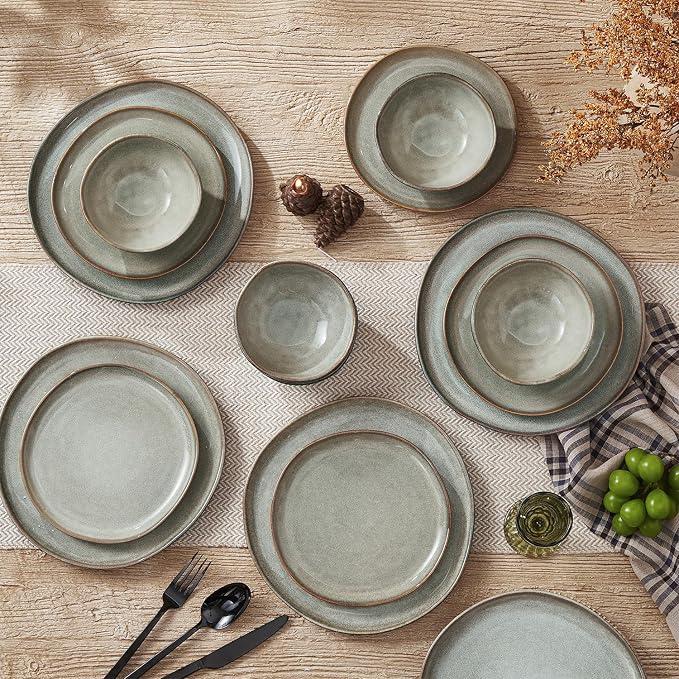 Stoneware Dinnerware Sets for 6, Reactive Glaze Plates and Bowls, Grey | 18-Piece Handcrafted Rustic Porcelain Dishes Set, Highly Scratch Resistant, Dishwasher & Microwave Safe