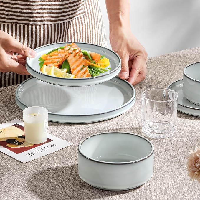 Herogo Plates and Bowls Dinner Dishes Sets for 6, 18 Pieces Ceramic Stoneware Dinnerware Set, Rustic Terracotta Bottom, Dishwasher & Microwave Safe, Icy White